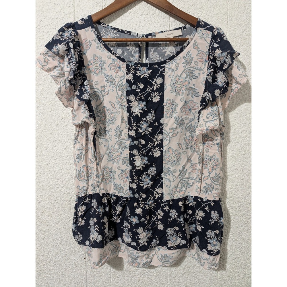 Loft Womens Blouse Xl blue floral pullover top